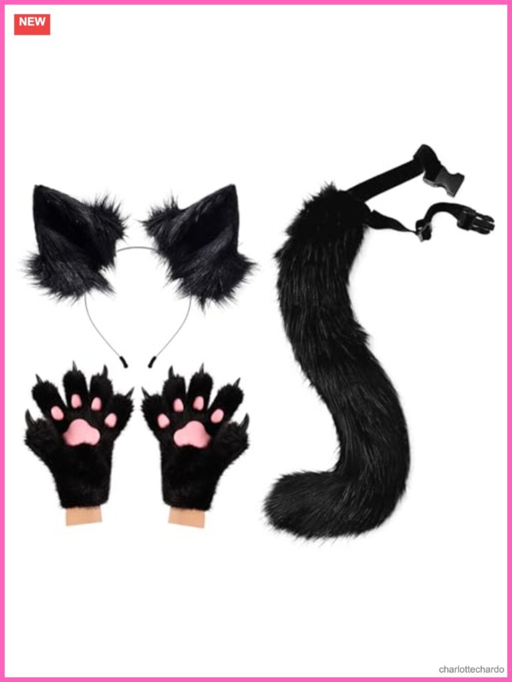 Faux Fur Wolf Fox Ears Headband Tail Cat Paw Mittens Costume Accessory Set